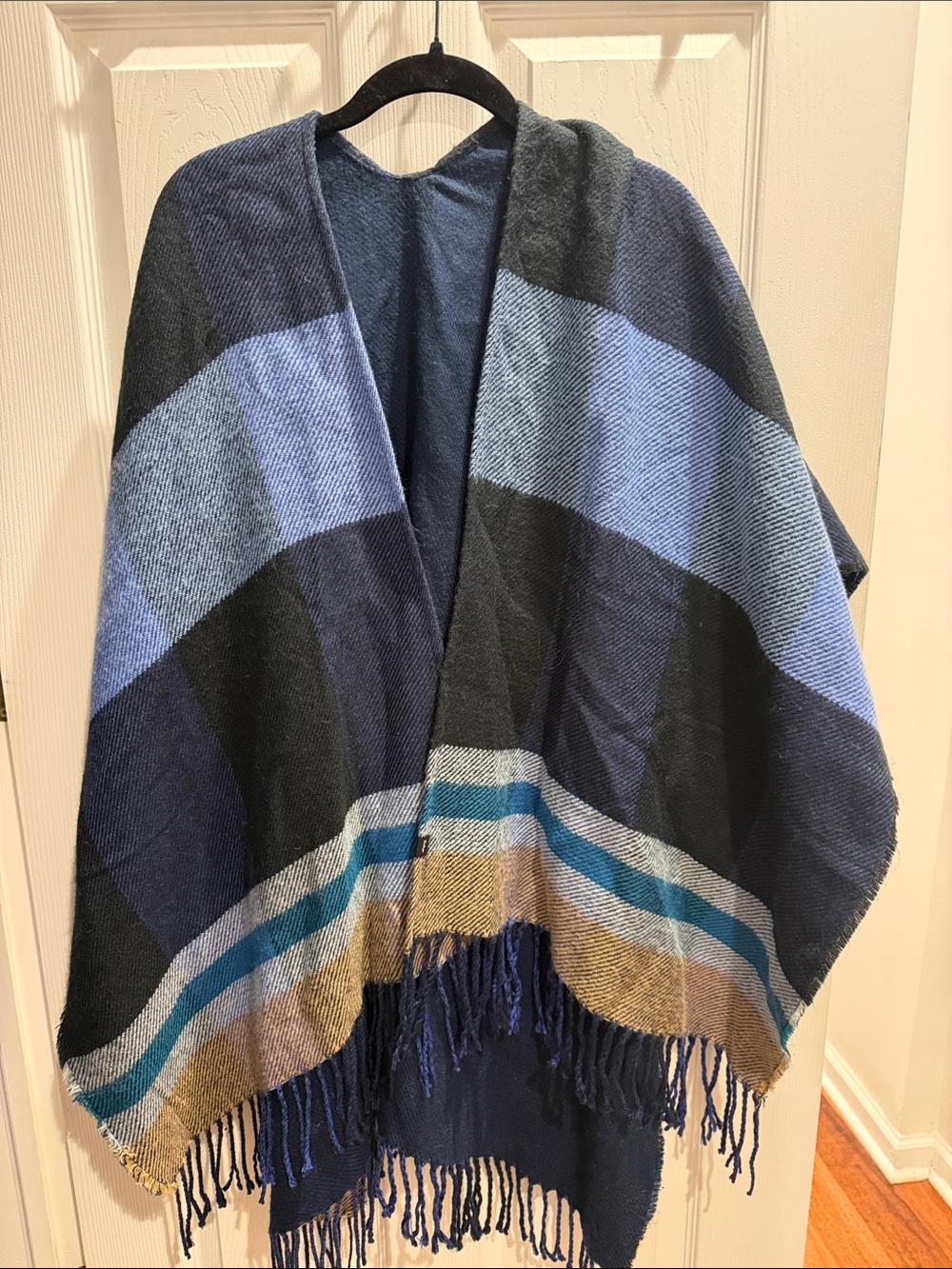 Echo Striped Fringe Wool Wrap in Navy, Teal, Light Blue & Tan
